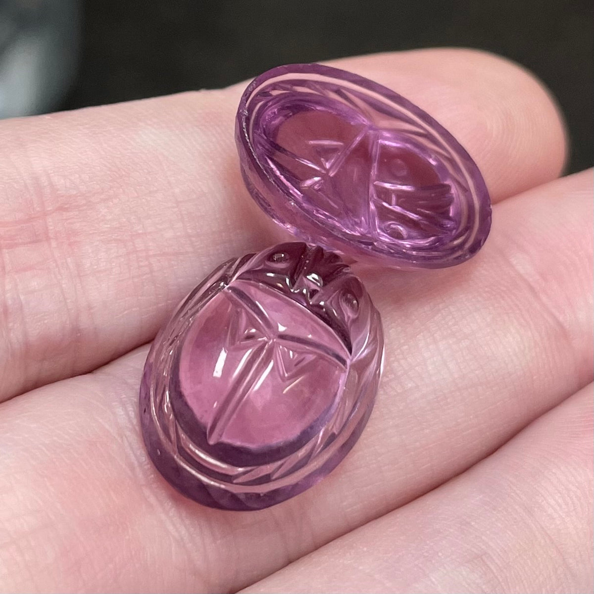 2 Vintage Purple Carved Scarab Oval Glass Cabochons