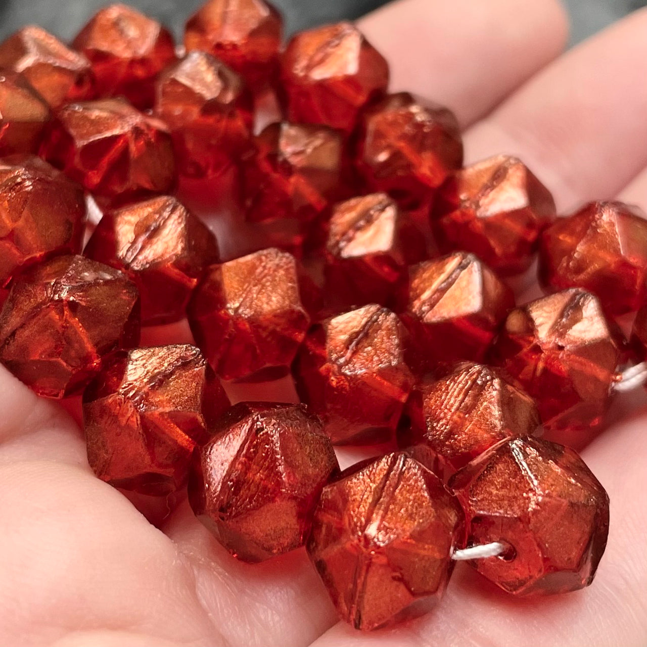 25 Tomato Red Czech English Cut Nugget Glass Beads