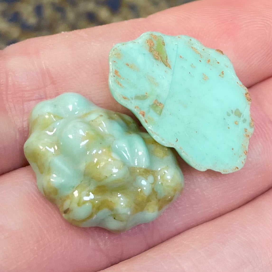 2 Vintage Turquoise Nugget Japan Glass Cabochons