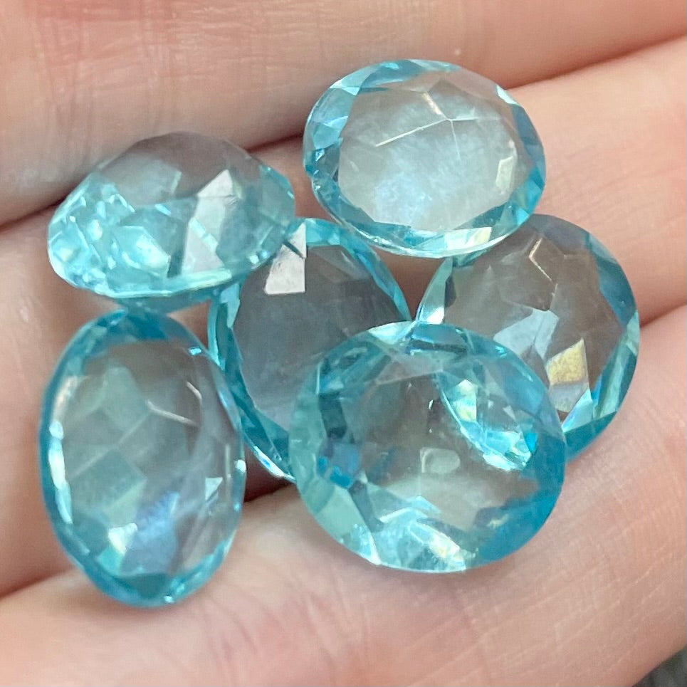 6 Vintage Aqua Light Faceted Oval Glass Stones