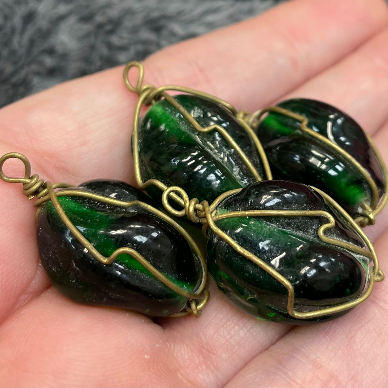 4 Vintage Green Wire Wrapped Glass Connectors