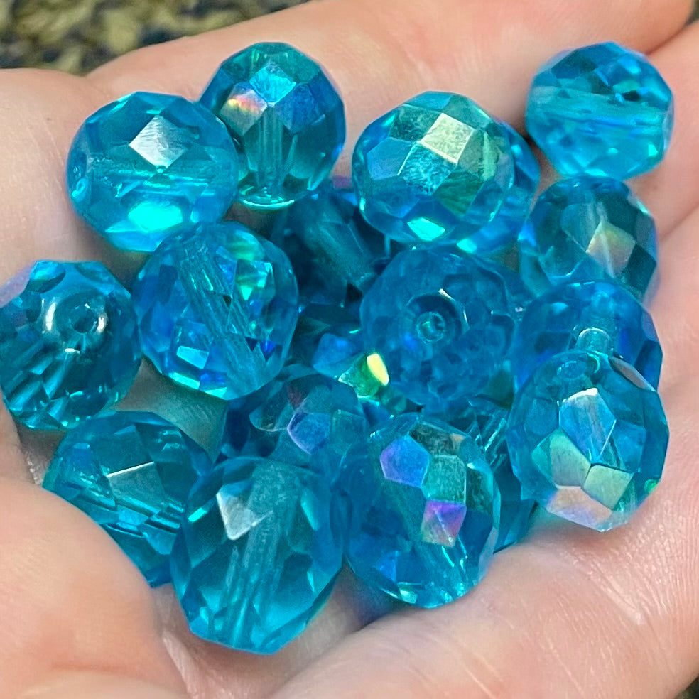 20 Blue Aqua Dark AB Czech Fire Polished Glass Beads