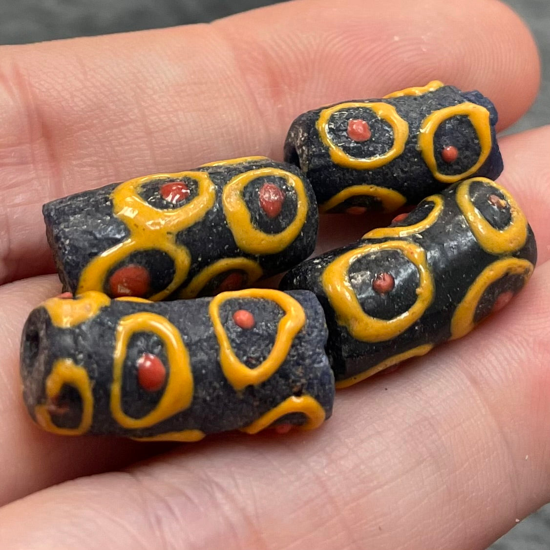 4 Vintage Handmade Black Yellow African Trade Glass Beads