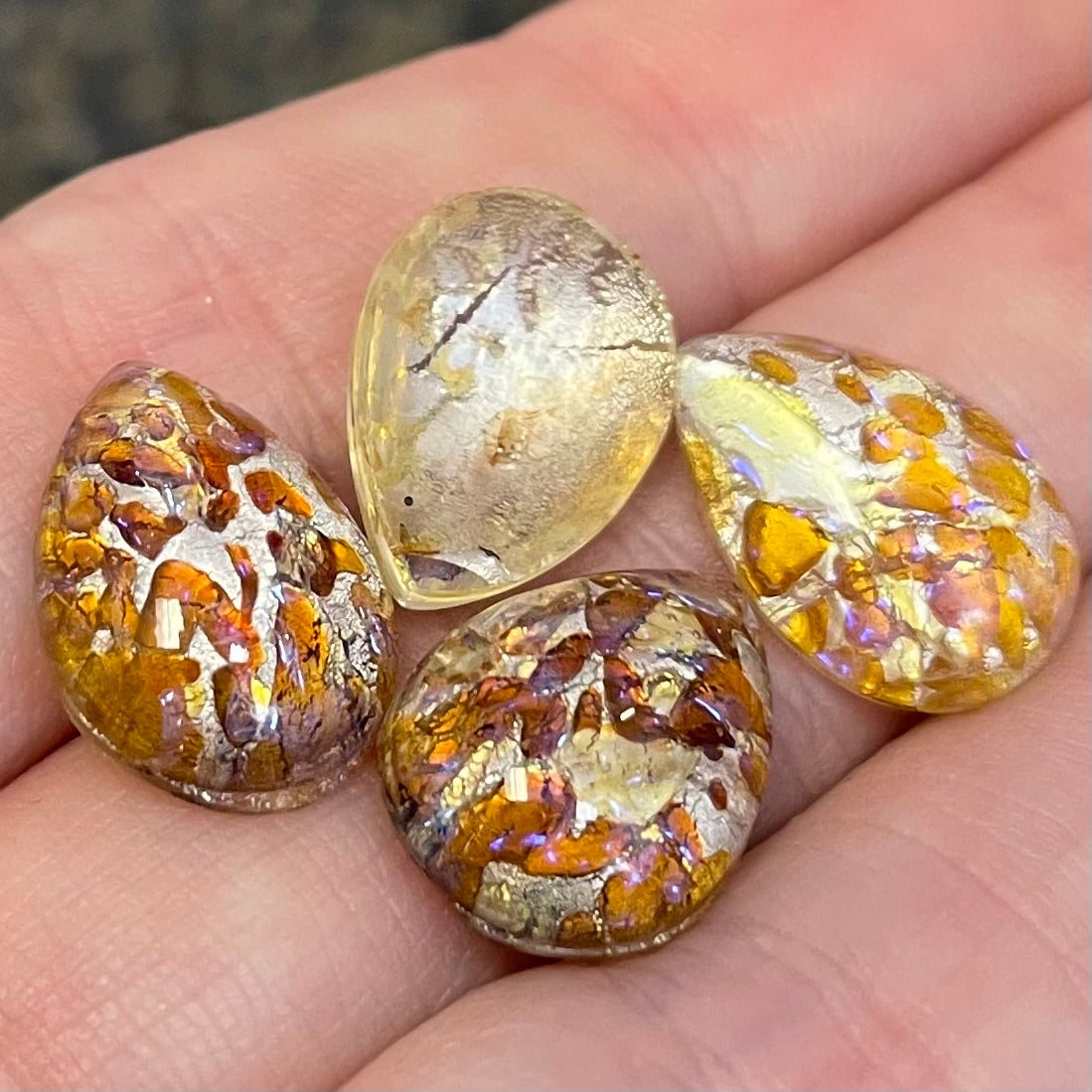 4 Vintage Amber Japan Foil Pear Glass Cabochons
