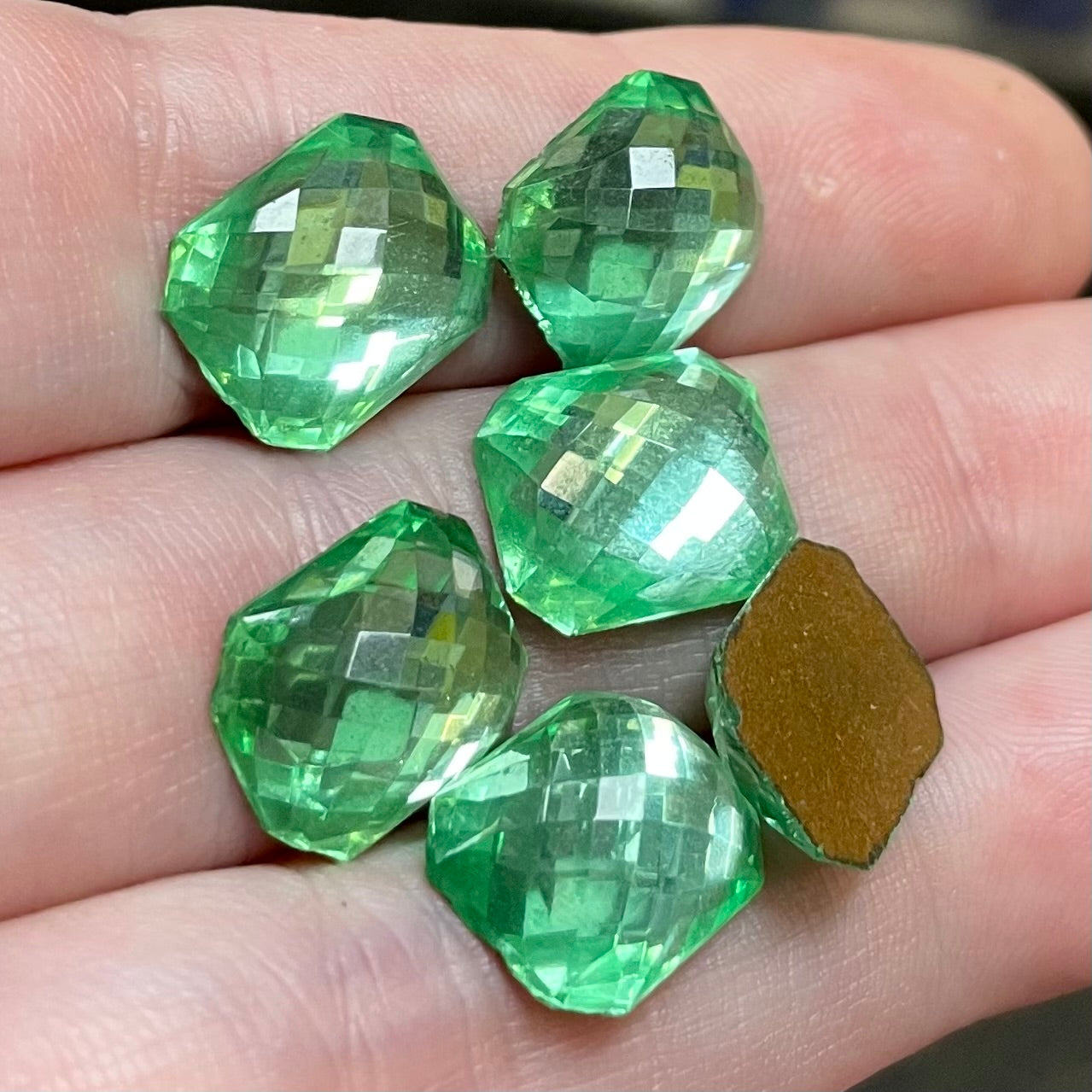 6 Vintage Green Light Faceted Octagon Glass Cabochons
