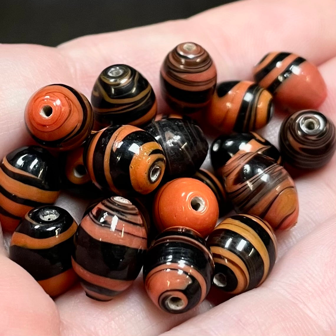 20 Vintage Black Orange Striped Oval Glass Beads