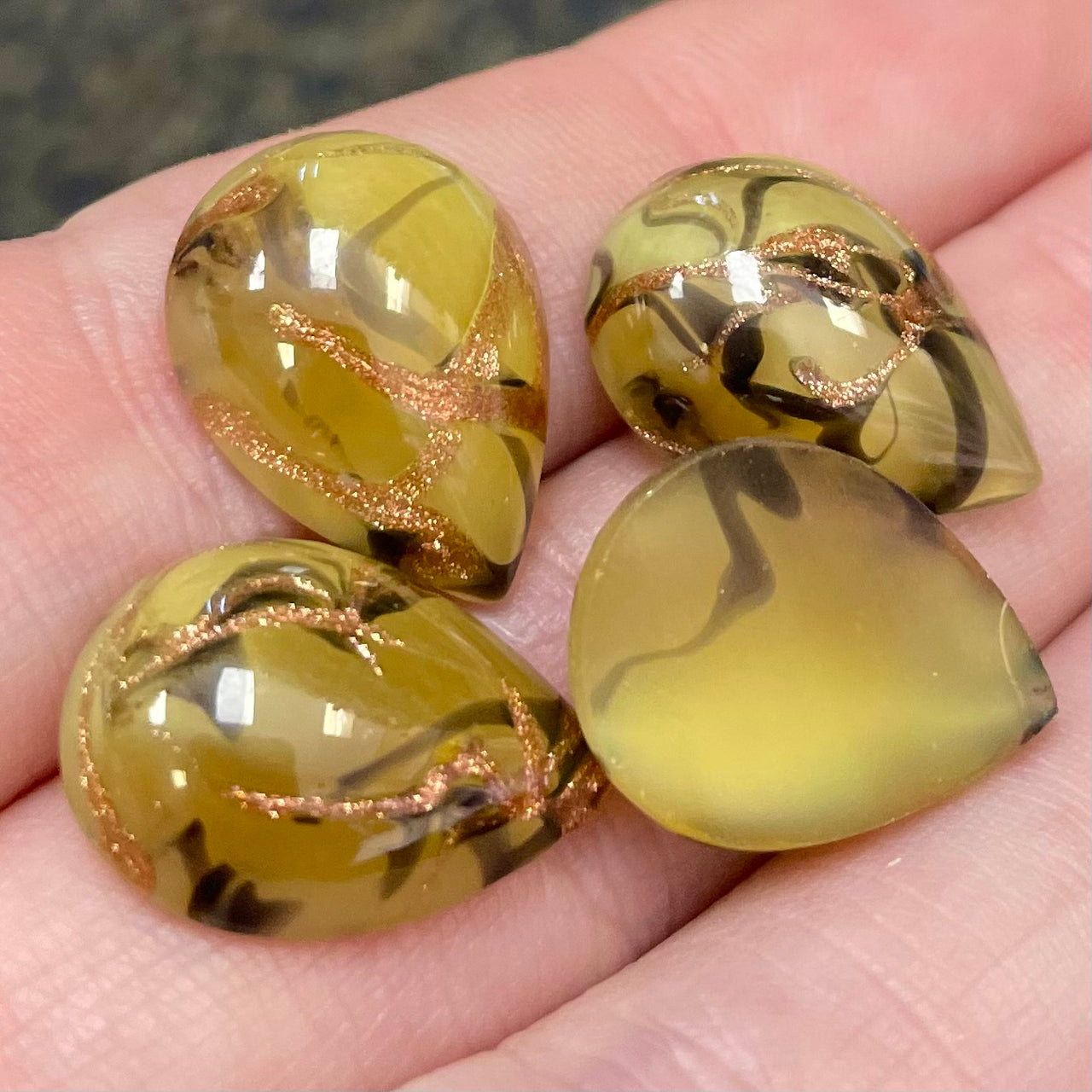4 Vintage Yellow Japan Foil Pear Glass Cabochons