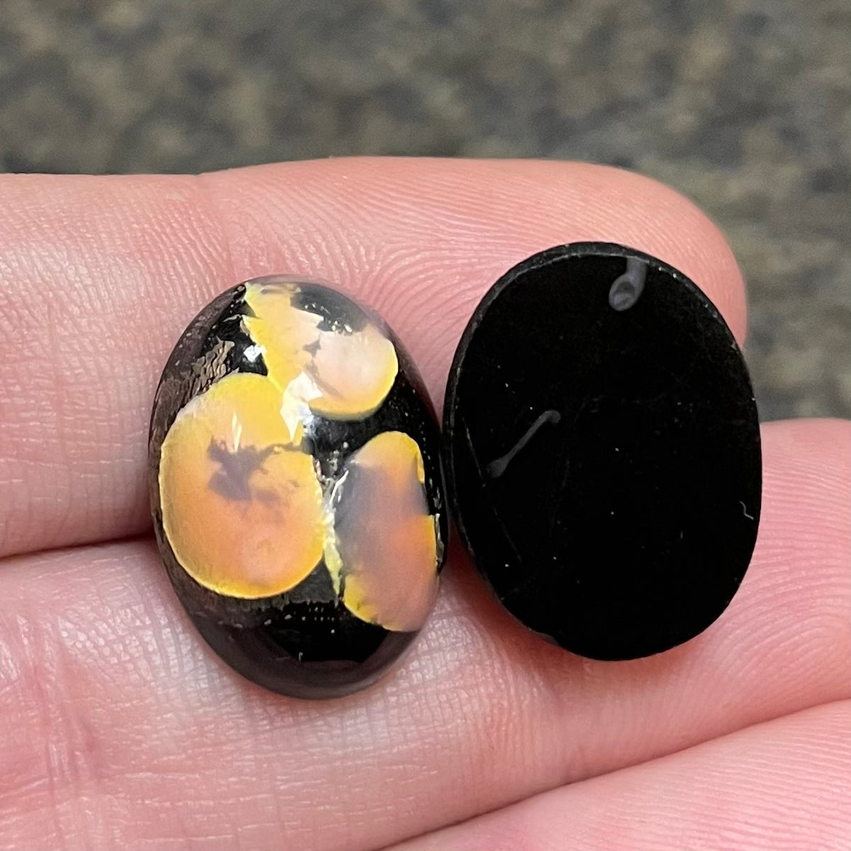 2 Vintage Black Peach Japan Oval Glass Cabochons