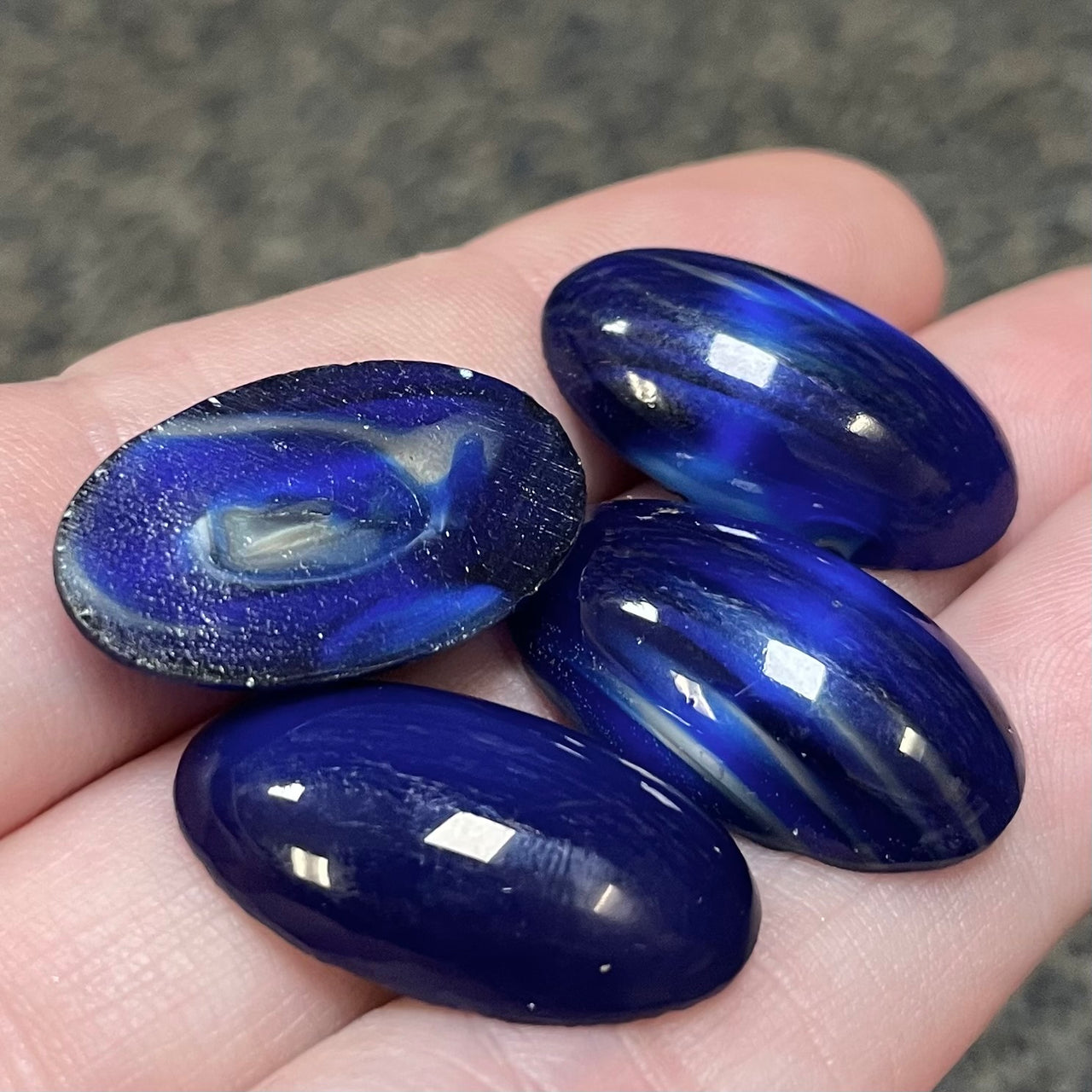 4 Vintage Blue Dark Silky Striped Oval Glass Cabochons