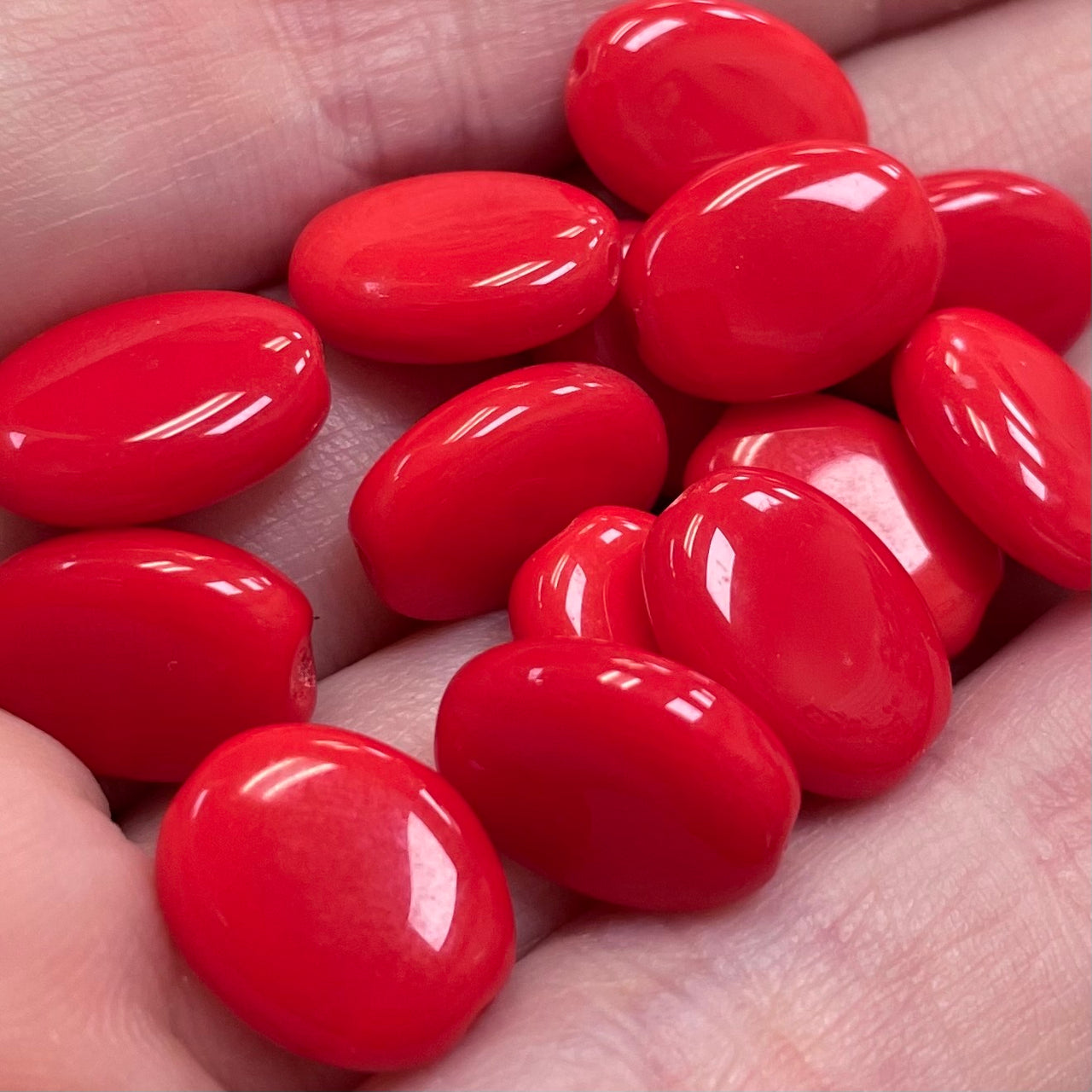 25 Vintage Opaque Red Flat Oval Glass Beads