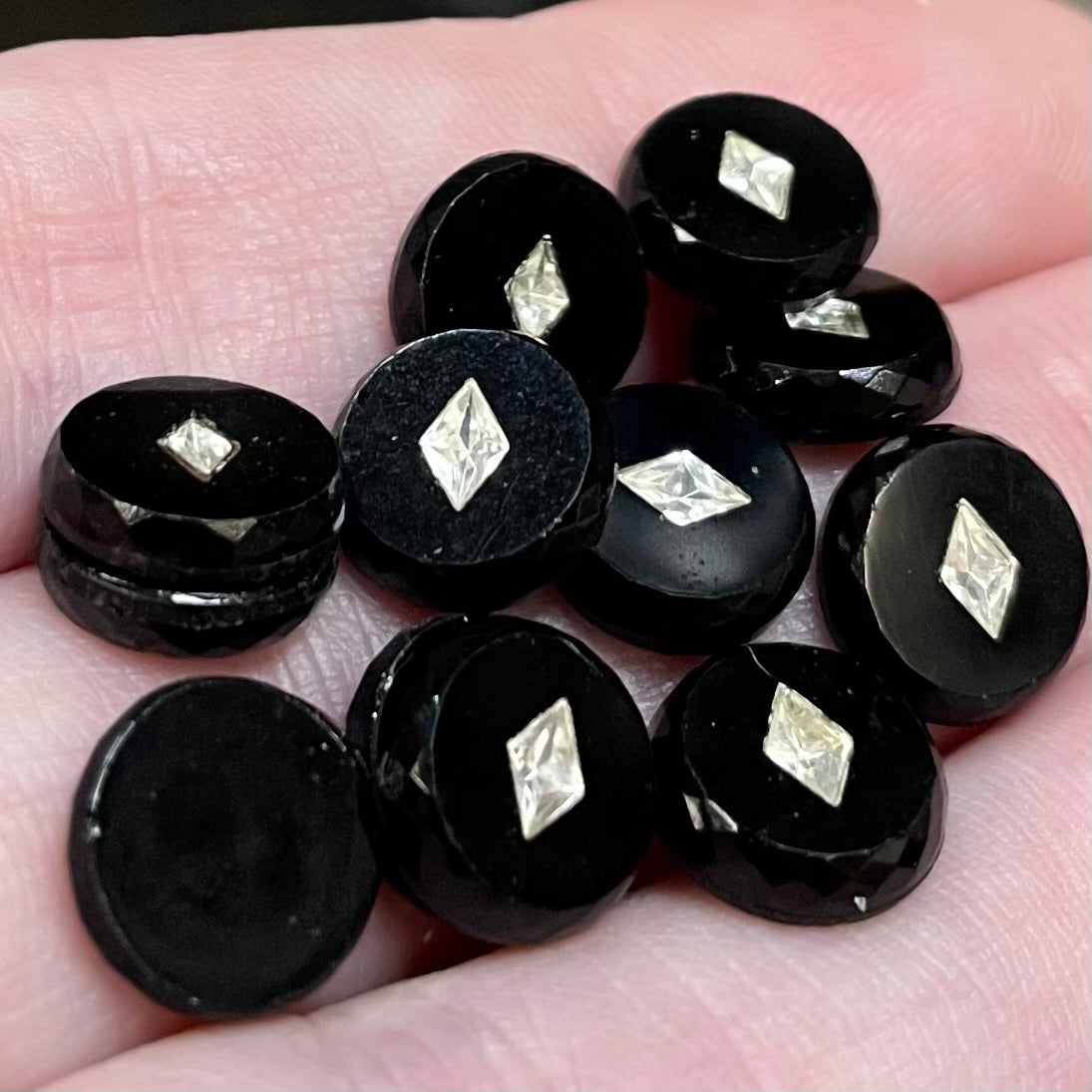 12 Vintage Black Diamond Rhinestone Round Glass Cabochons