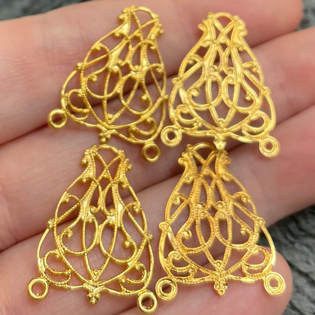 4 Vintage Brass Fancy Filigree Metal Pendants