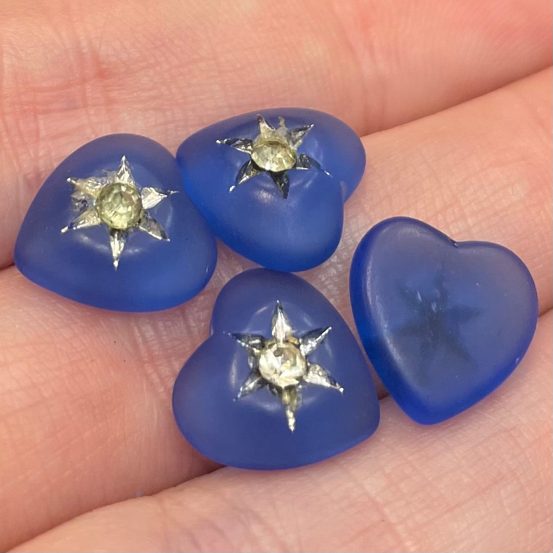 4 Vintage Blue Heart Frosted Glass Stones