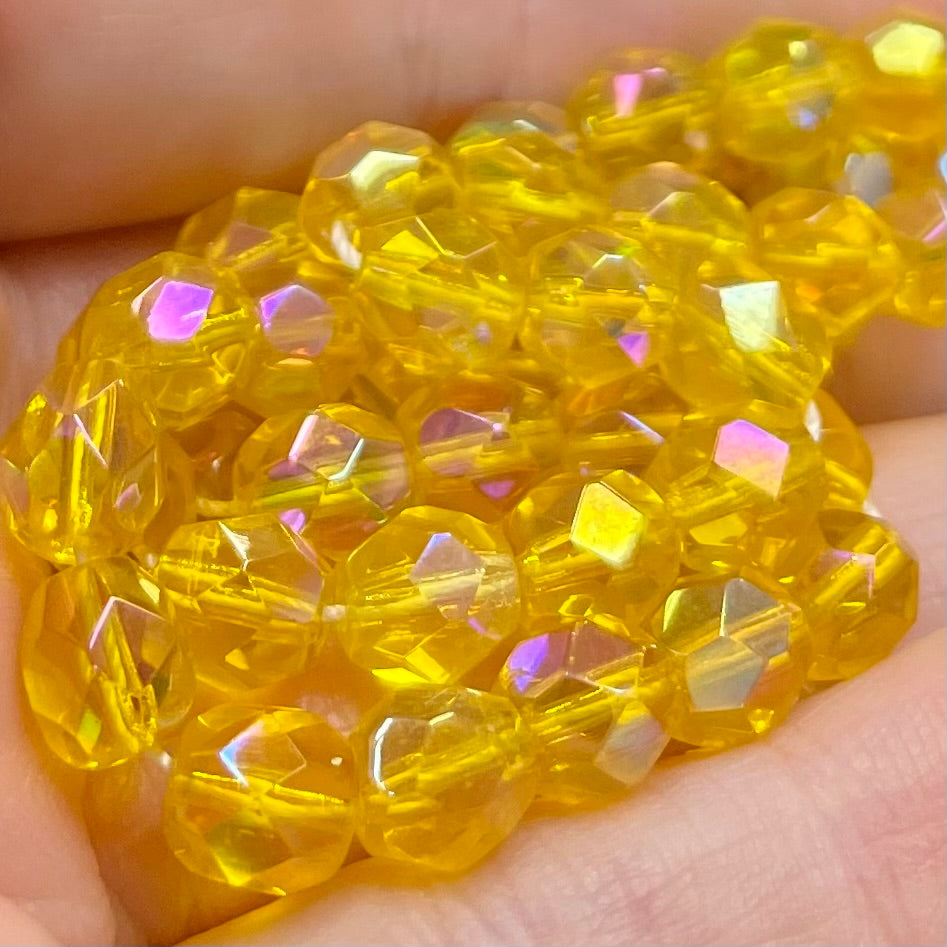 50 Golden Yellow AB Czech Fire Polished Glass Beads
