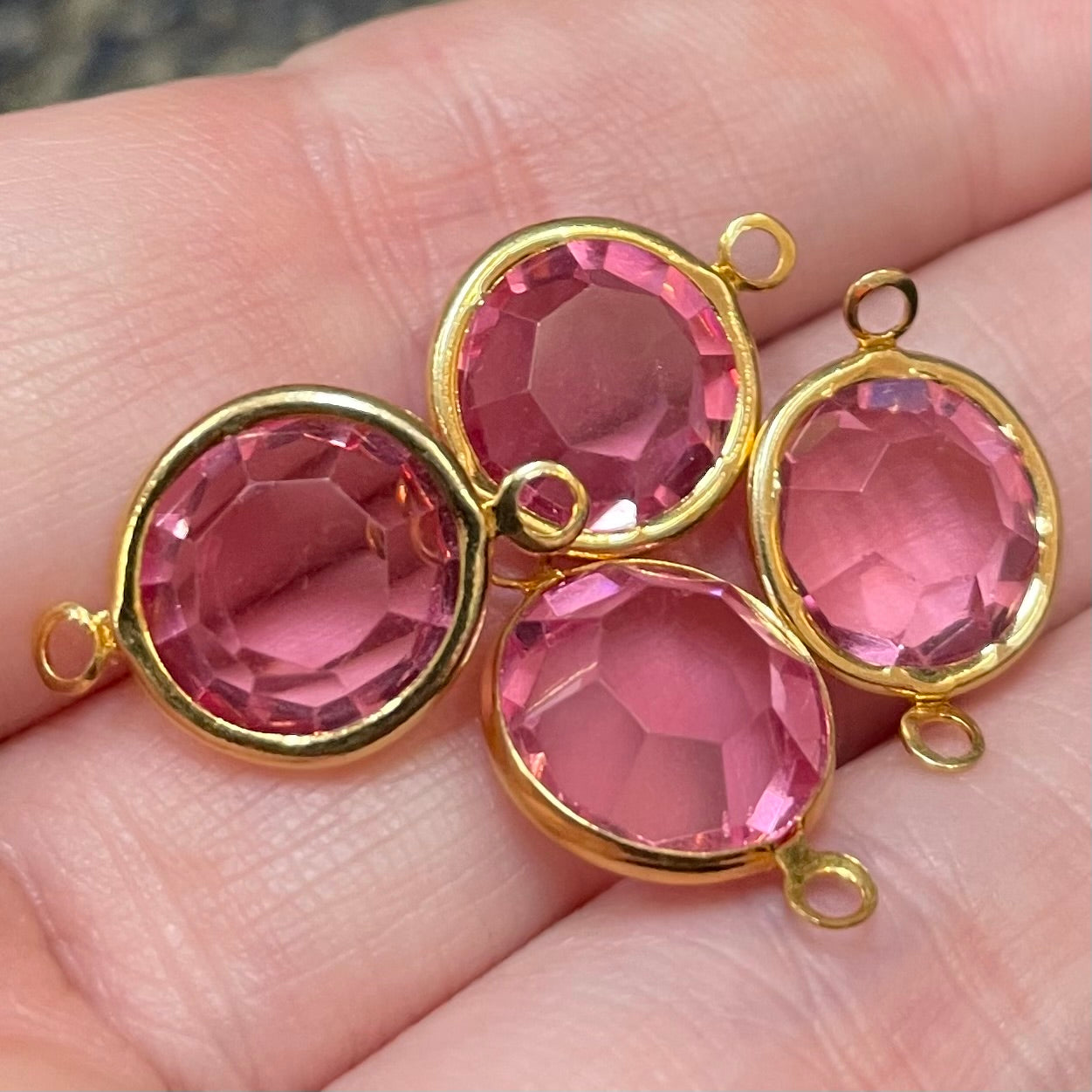 4 Vintage Pink Rose Swarovski Two Loop Channel Rhinestone Connectors Art #1110