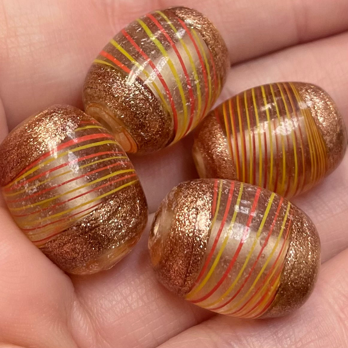 4 Handmade Vintage Yellow Red Striped Oval Glass Beads