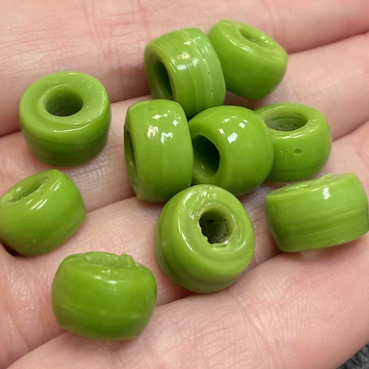 10 Vintage Handmade Green Pony Crow Large Hole Glass Beads
