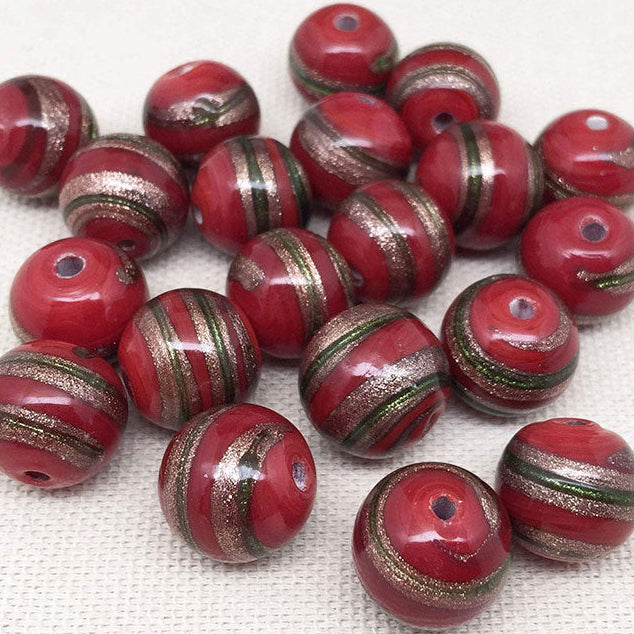 10 Vintage Round Red Striped Glass Beads #3979