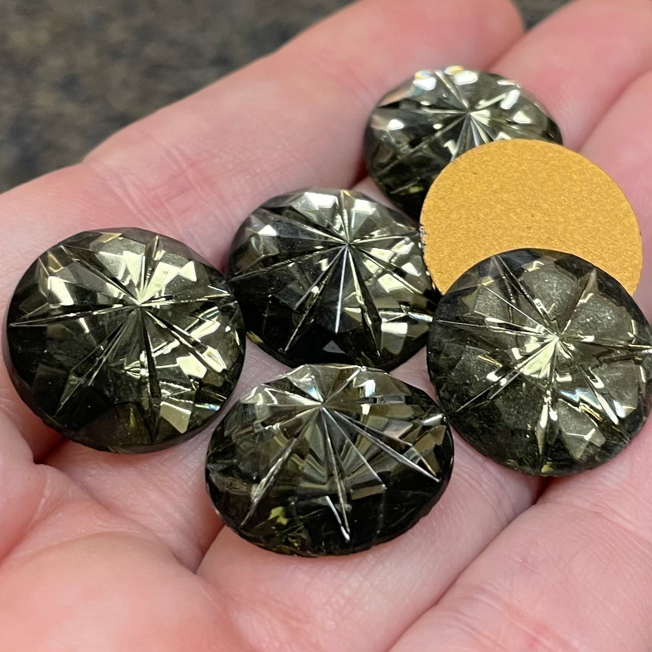 6 Vintage Black Diamond German Round Floral Cabochons