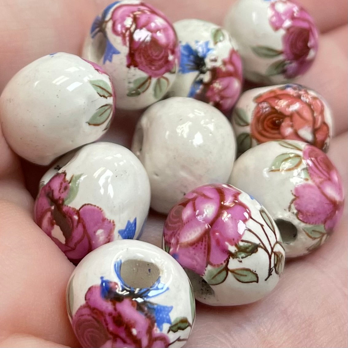 10 Vintage Handmade White Pink Floral Porcelain Beads