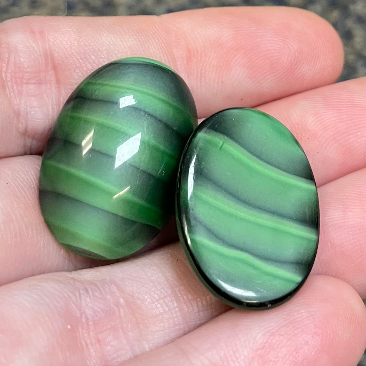 2 Vintage Green Silky Czech Striped Oval Glass Cabochons