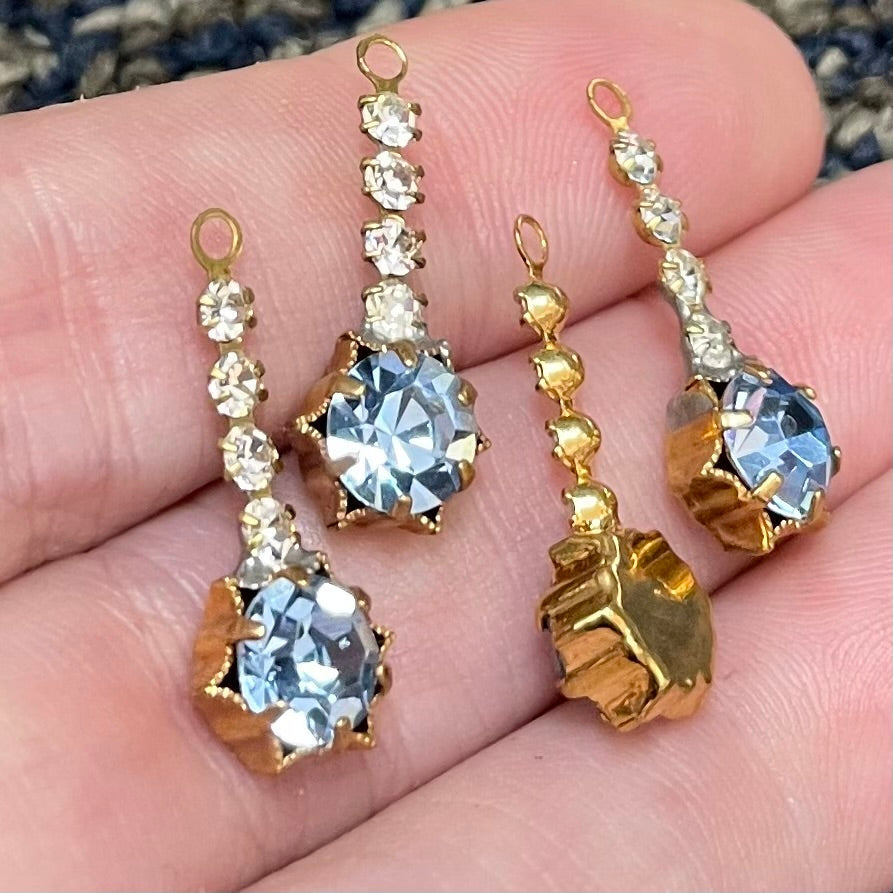4 Vintage Blue Sapphire Light Swarovski Rhinestone Pendants