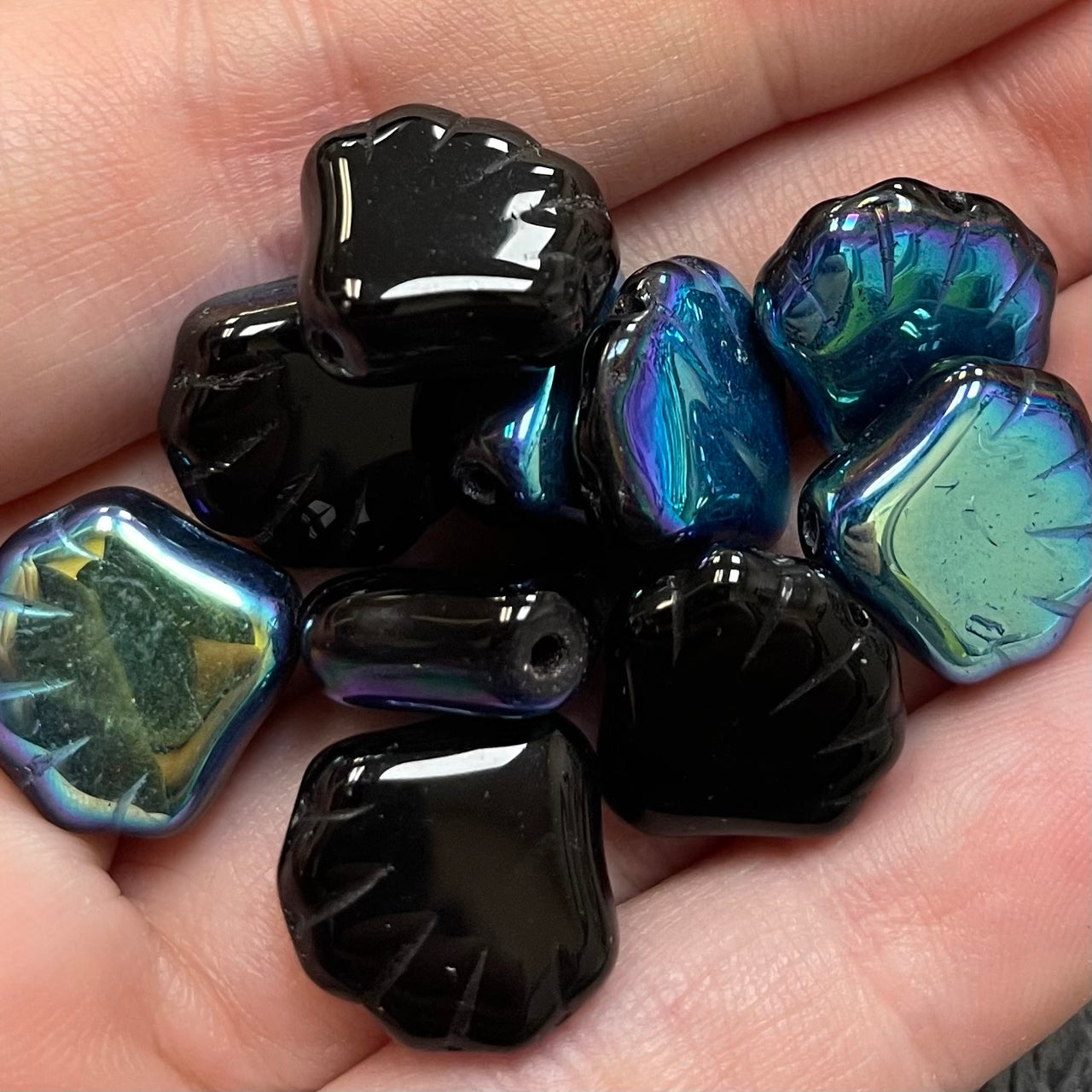 10 Vintage AB Black Czech Shell Glass Beads