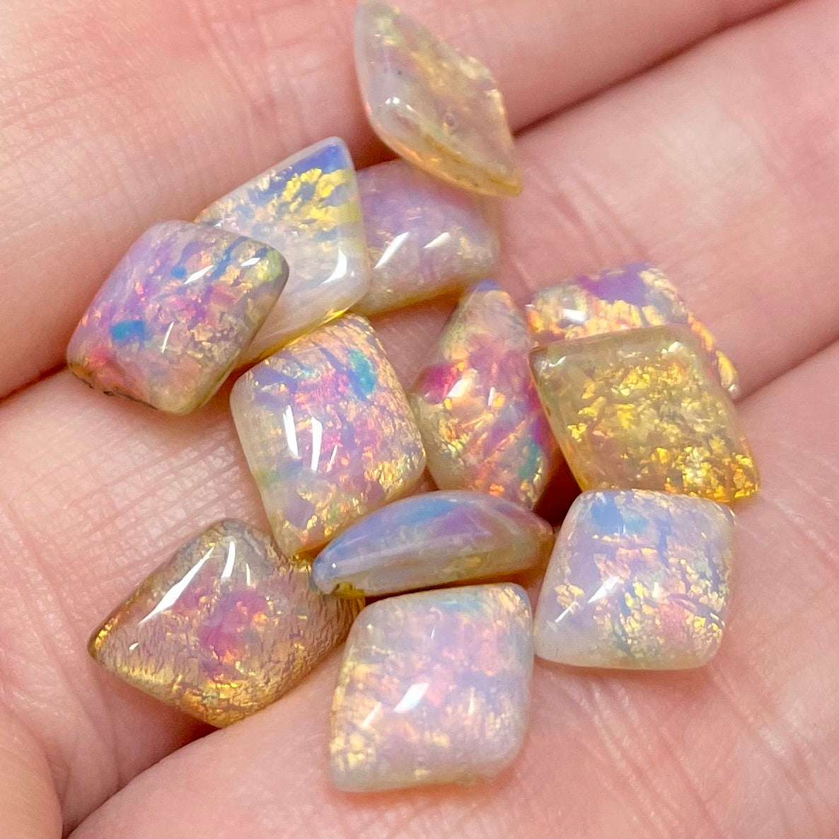12 Vintage Fire Opal Diamond Glass Cabochons