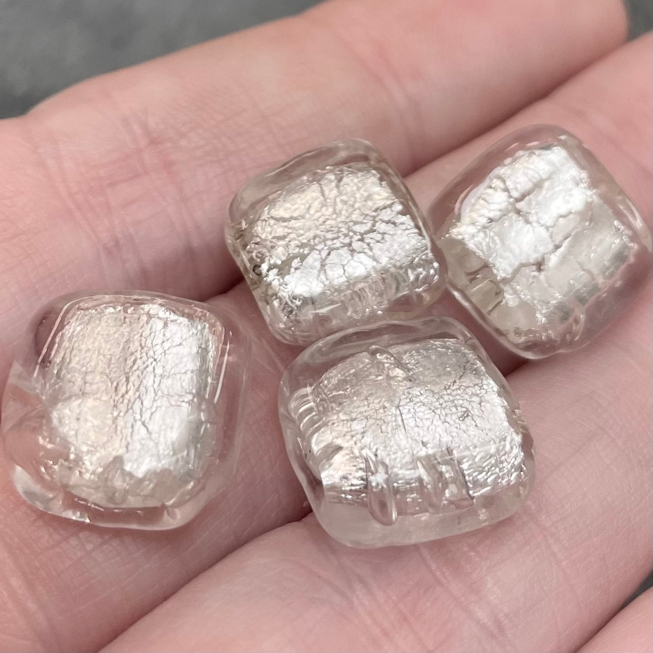 4 Vintage Silver Metallic Square Glass Beads