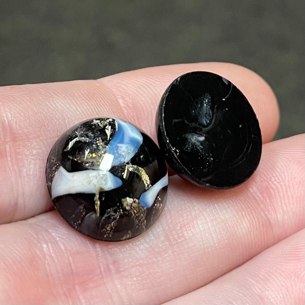 2 Vintage Black Foil Round Glass Cabochons #5010