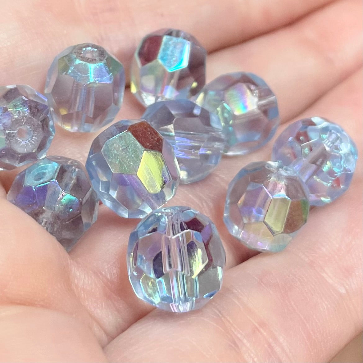 10 Vintage Blue Sapphire Light AB German Faceted Glass Beads