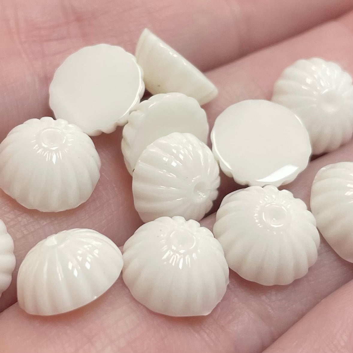 12 Vintage White German Domed Floral Round Lucite Cabochons