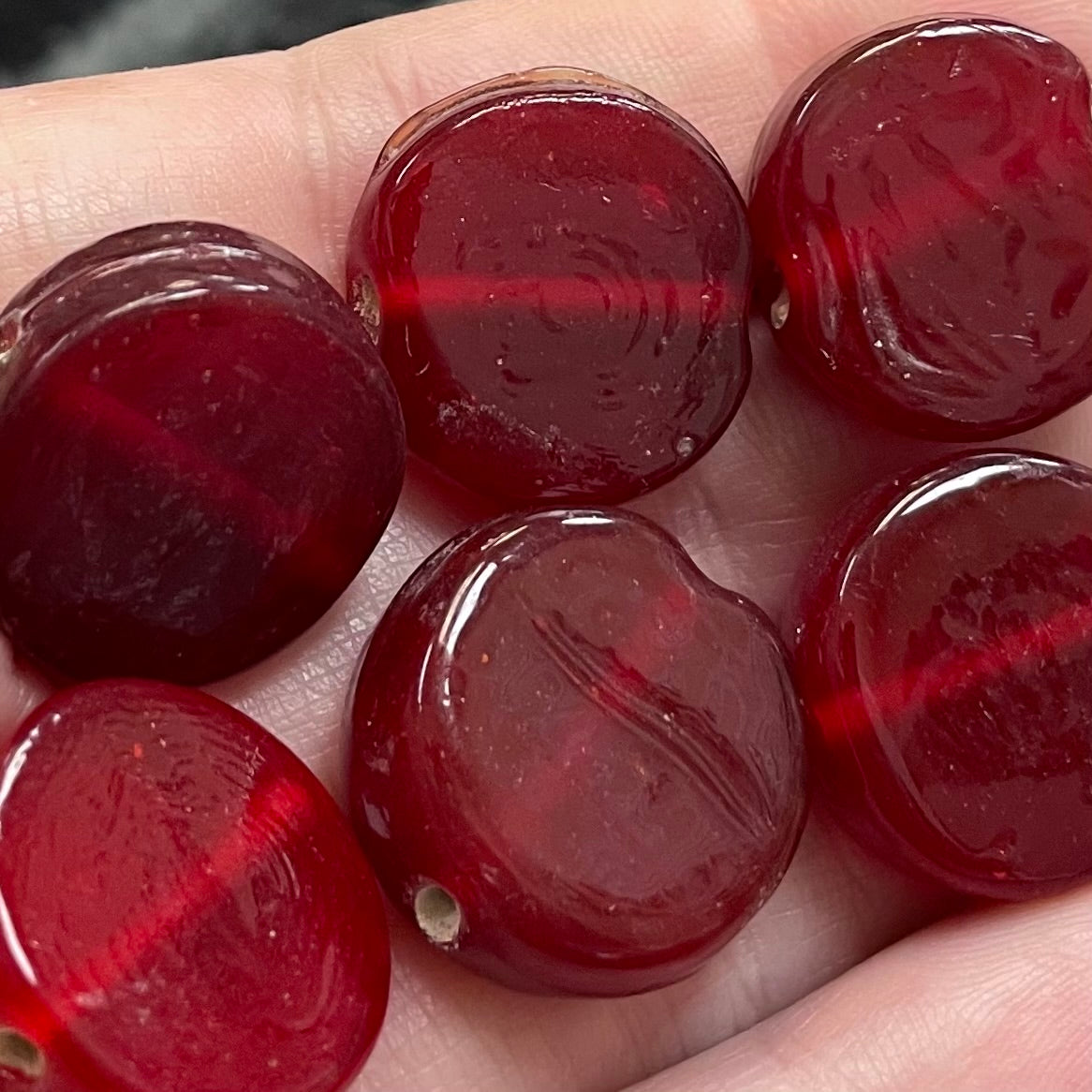6 Vintage Transparent Red Coin Glass Beads