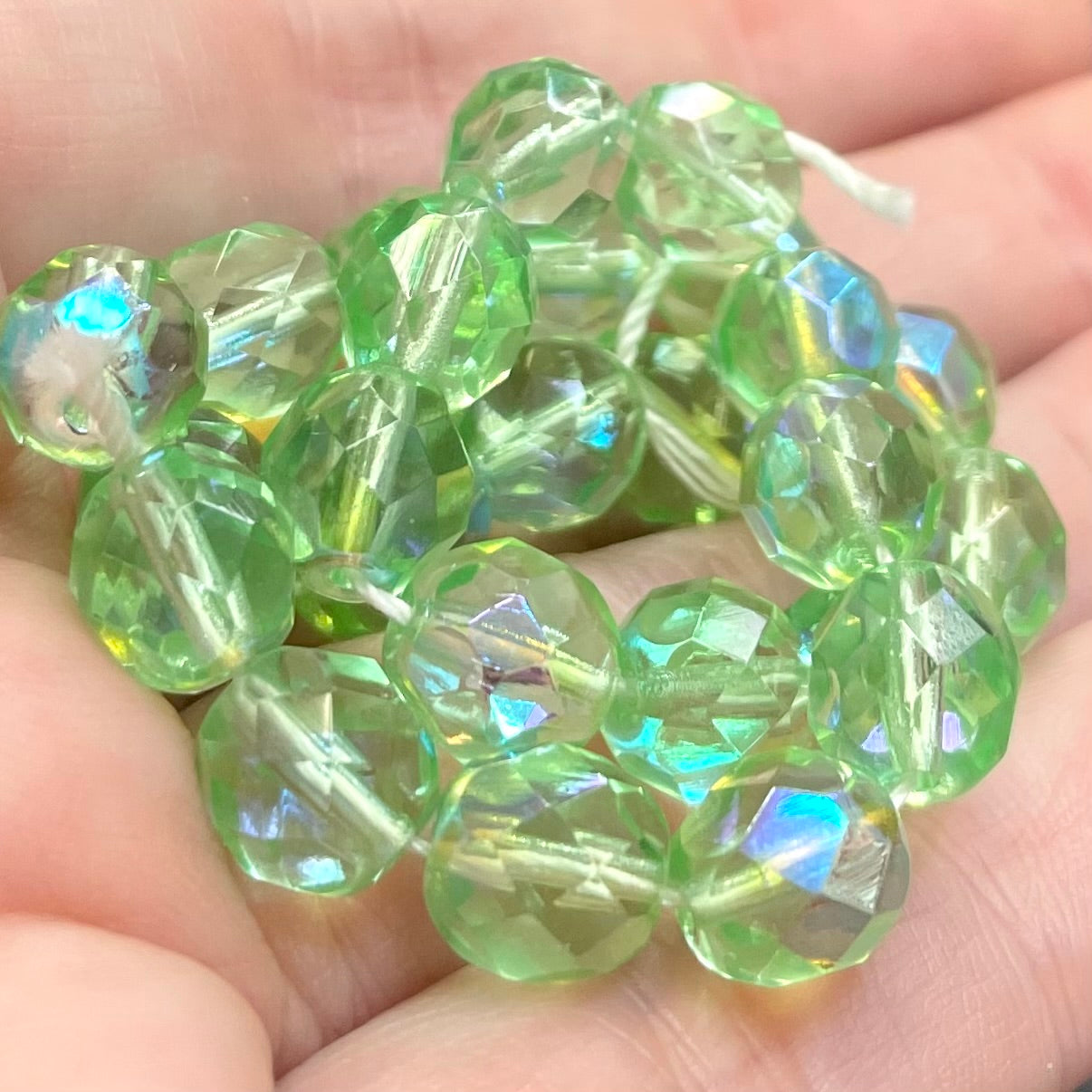 25 AB Light Green Czech Fire Polished Glass Beads