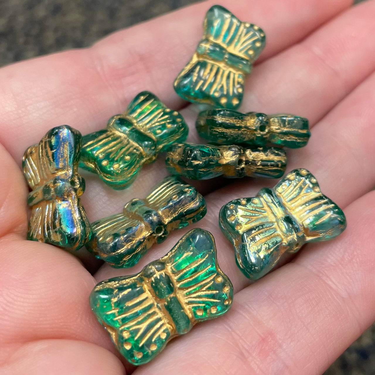 8 Vintage Green Emerald Czech Metallic Butterfly Glass Beads