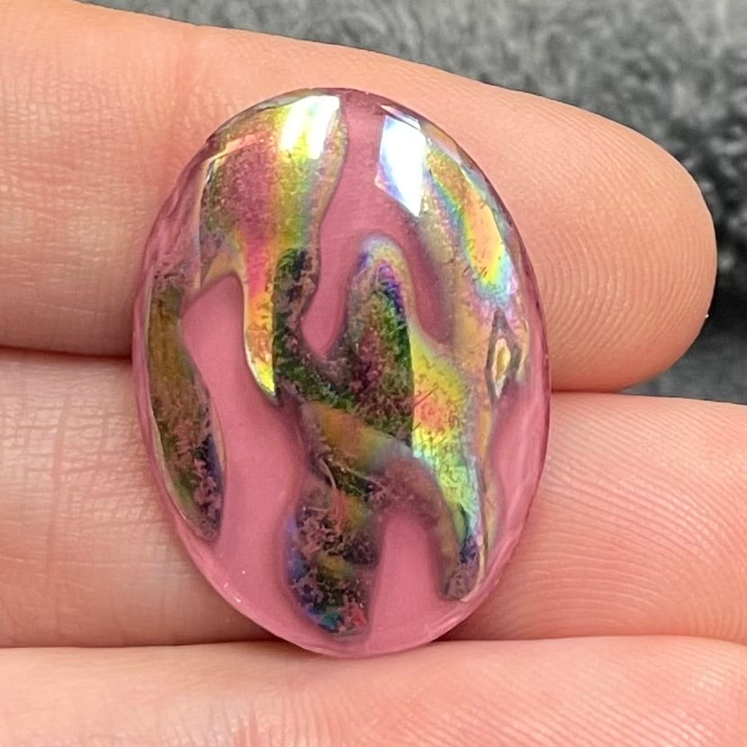 1 Vintage Pink Czech Silver Metallic Oval Glass Cabochon
