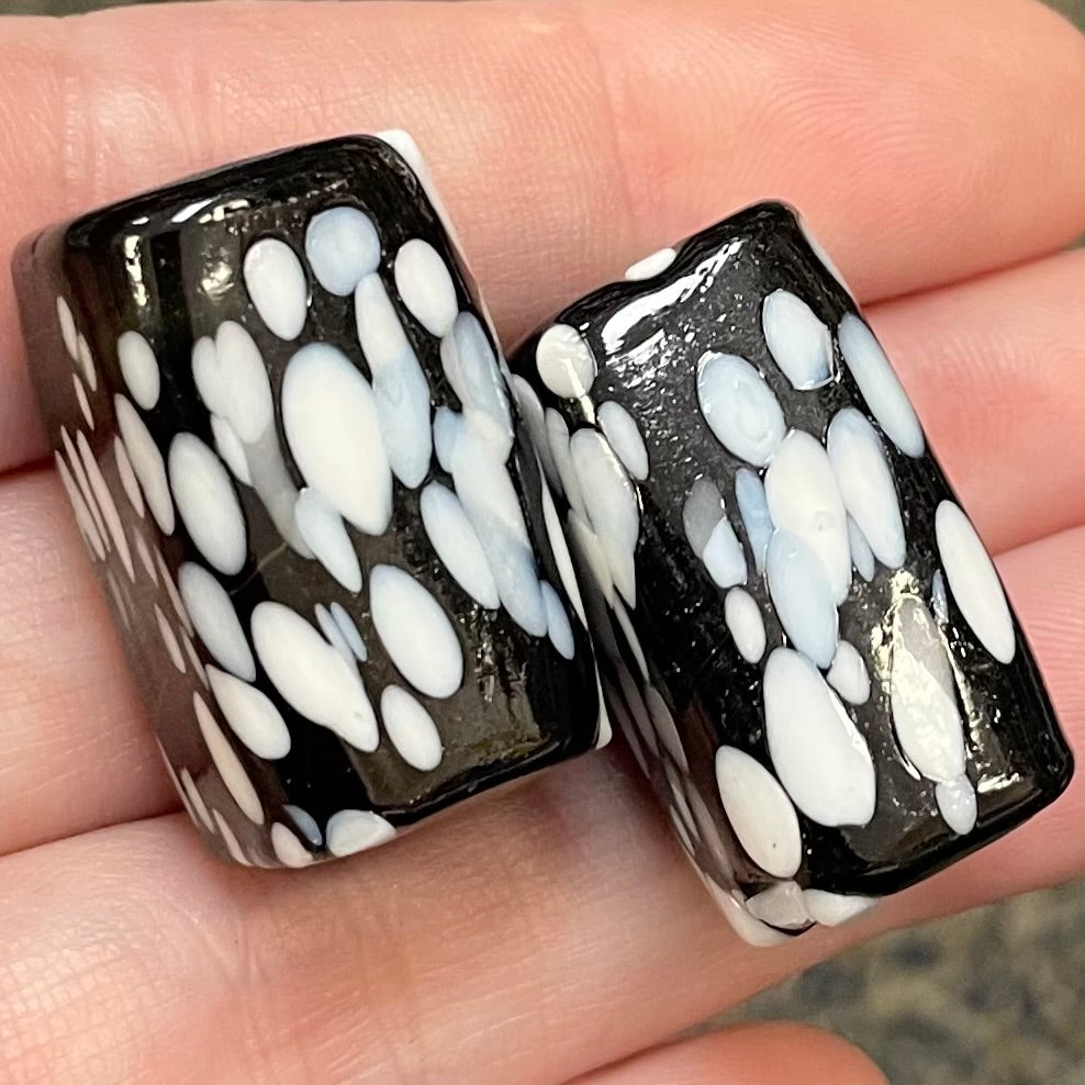 2 Vintage Black White Speckled Rectangle Glass Beads