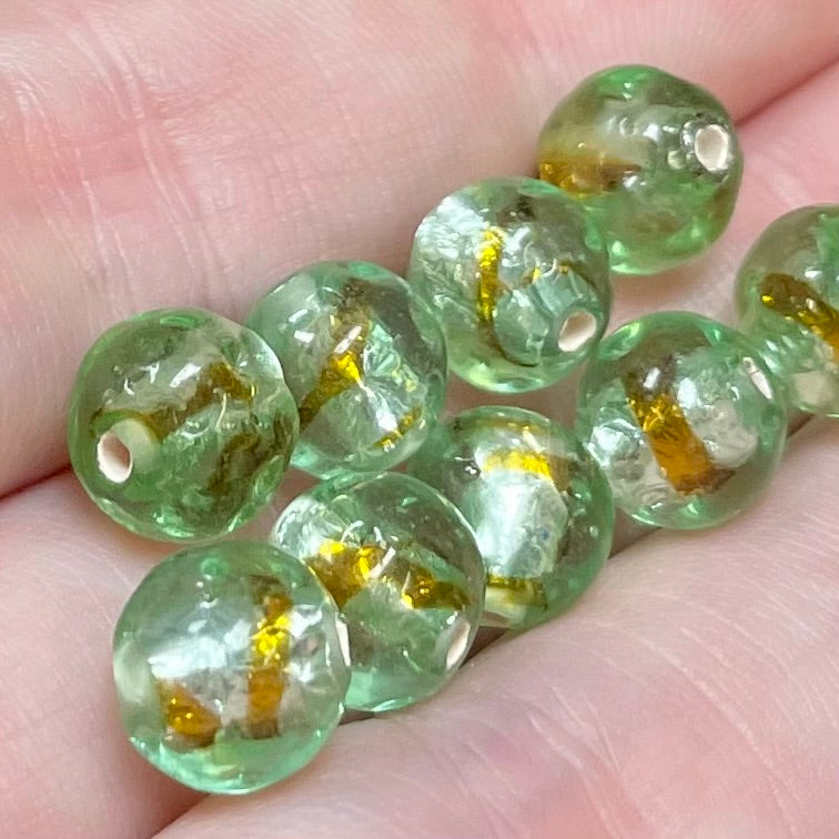 8 Vintage Green Foil Round Glass Beads