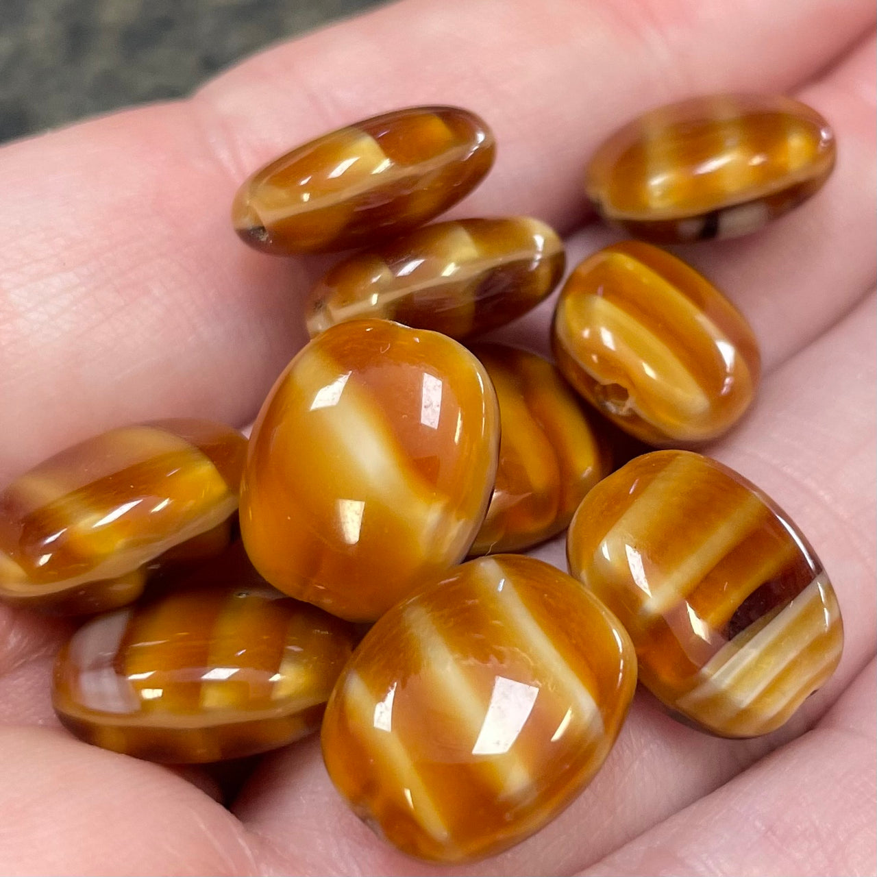 10 Vintage Caramel Brown Striped Oval Glass Beads