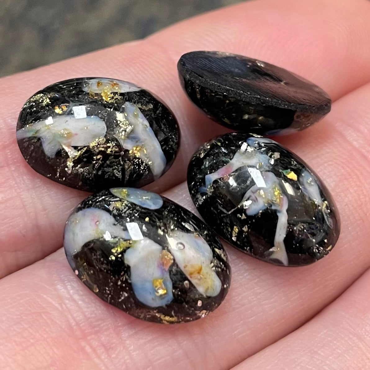4 Vintage Black Foil Japan Oval Glass Cabochons 14mm