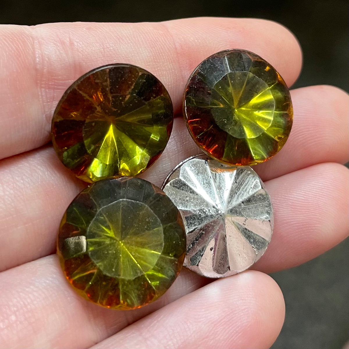 4 Vintage Green Olive German Round Glass Stones