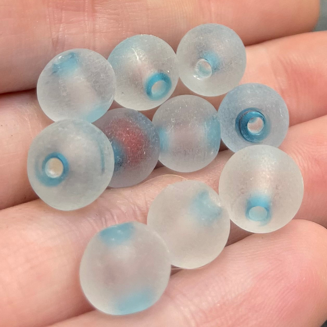 10 Vintage Matte Clear Aqua Red African Round Glass Beads