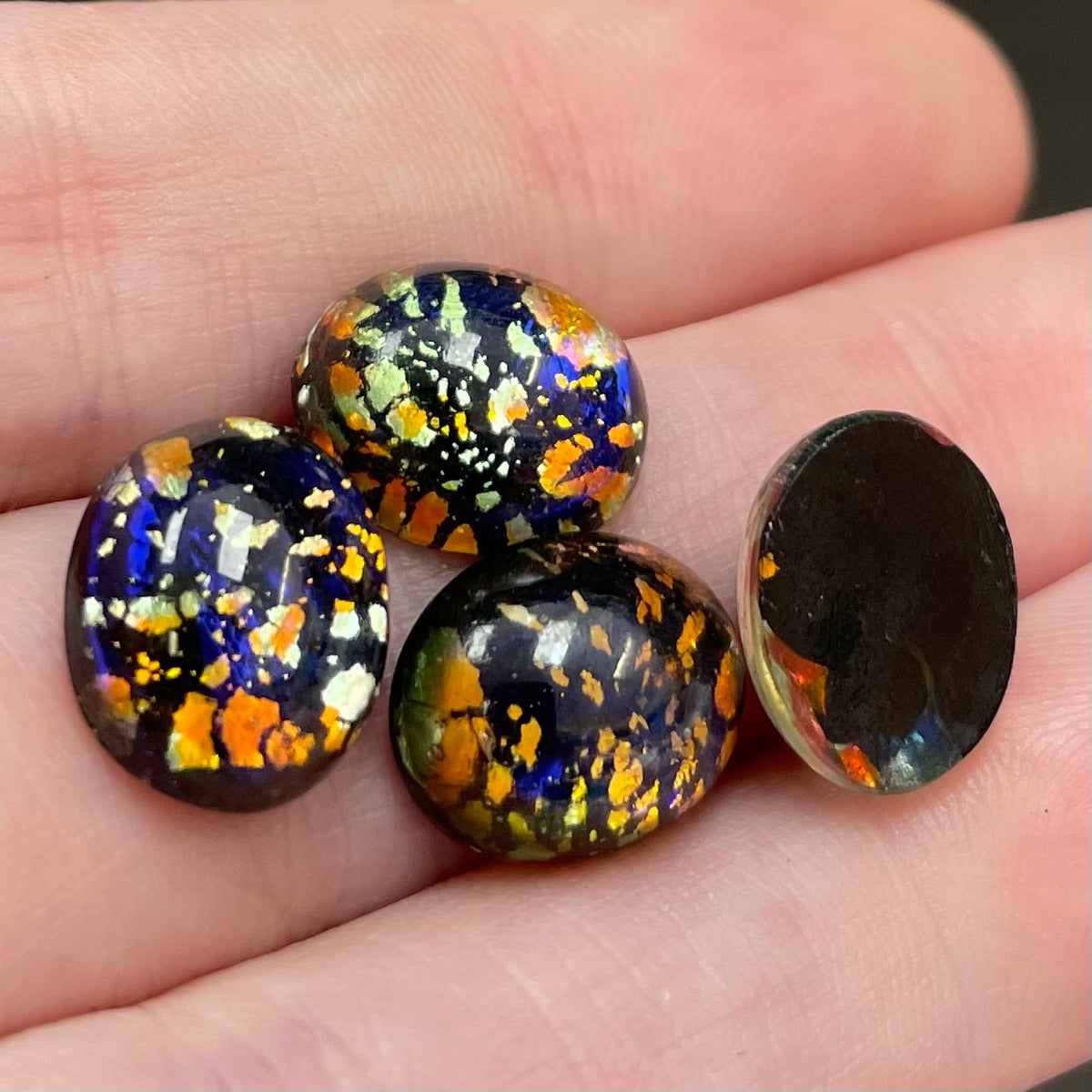 4 Vintage Black Foil Japan Oval Glass Cabochons #127