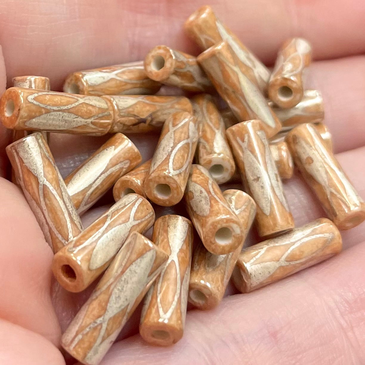 24 Vintage Beige Silver Japan Cylindrical Glass Beads
