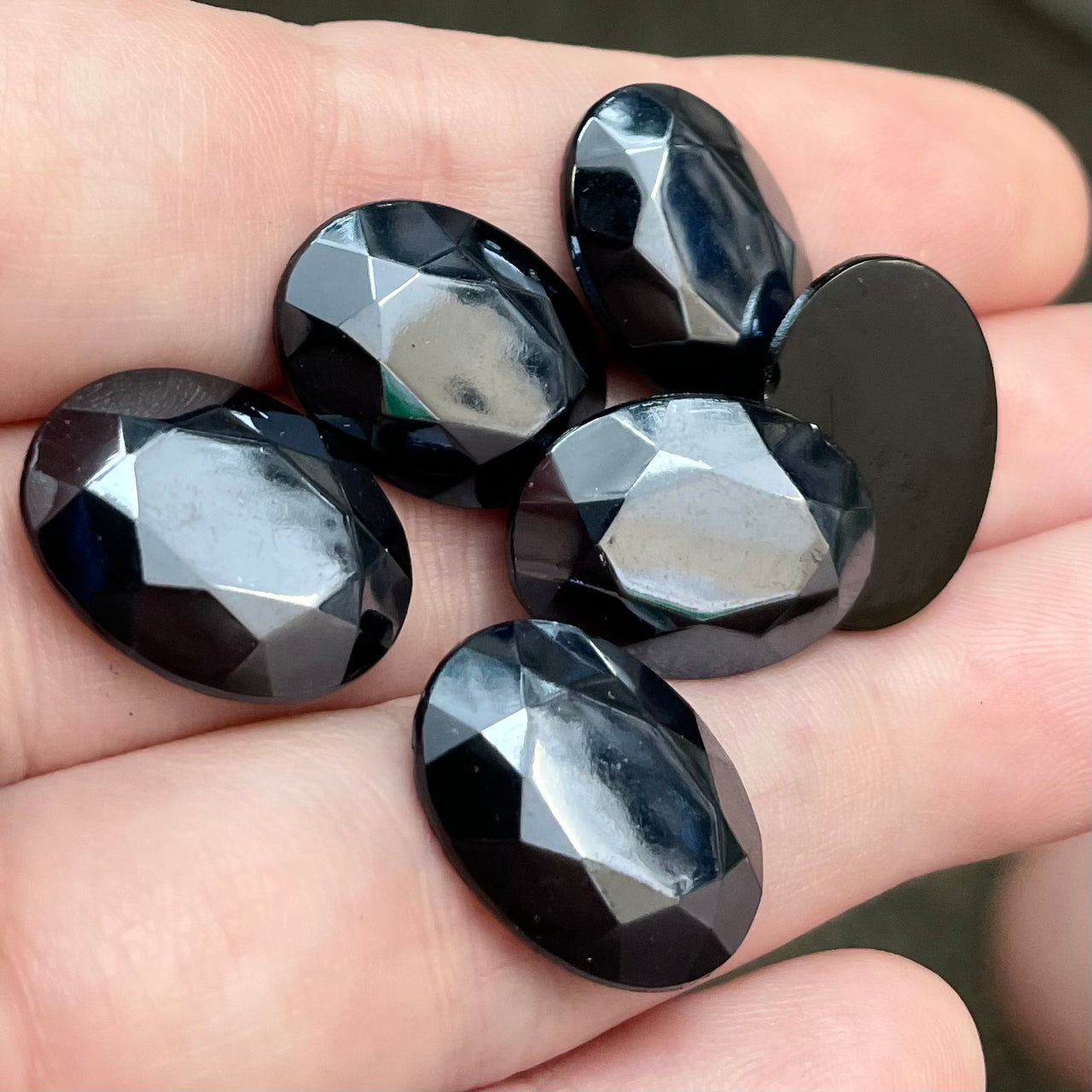 6 Vintage Gunmetal Faceted Oval Glass Cabochons