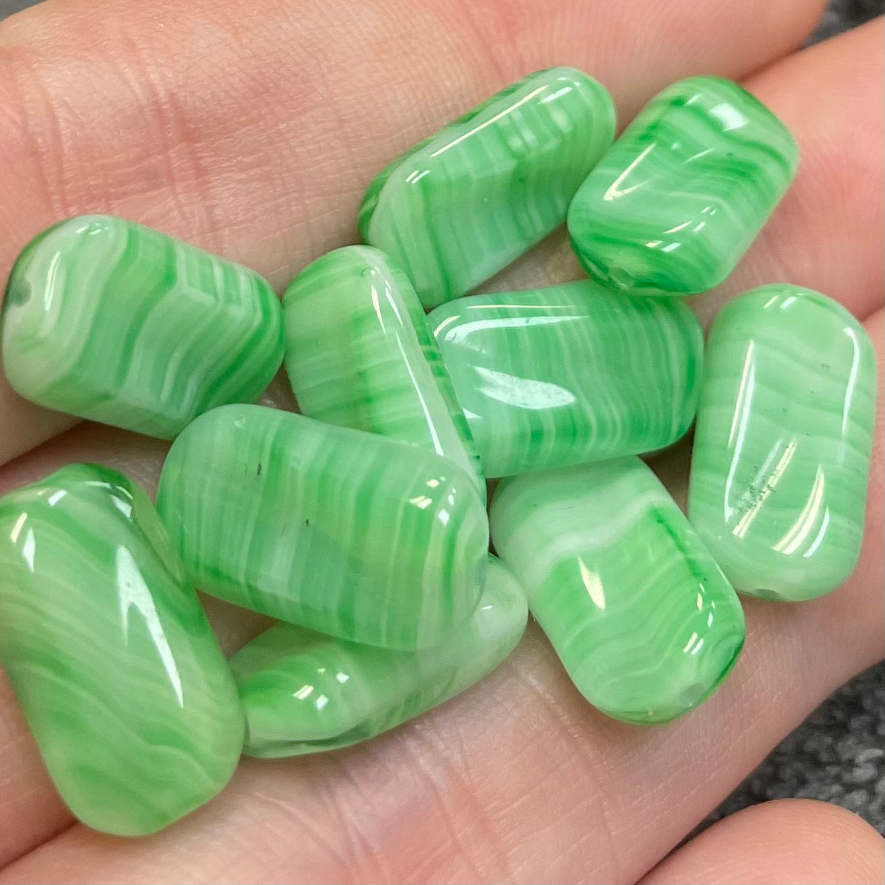 10 Vintage White Green Striped Rectangle Glass Beads