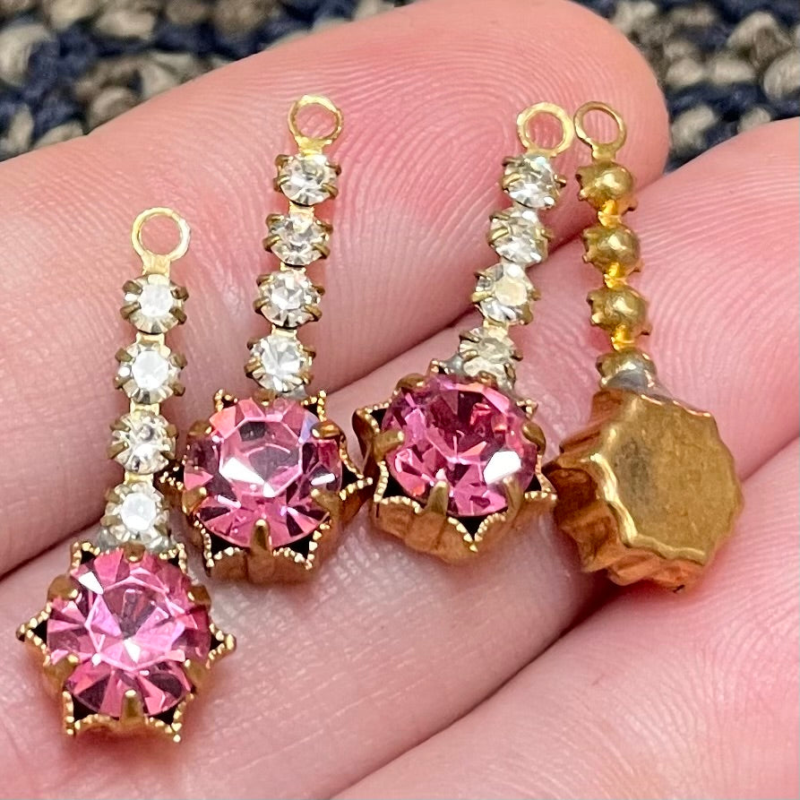 4 Vintage Pink Rose Swarovski Rhinestone Pendants
