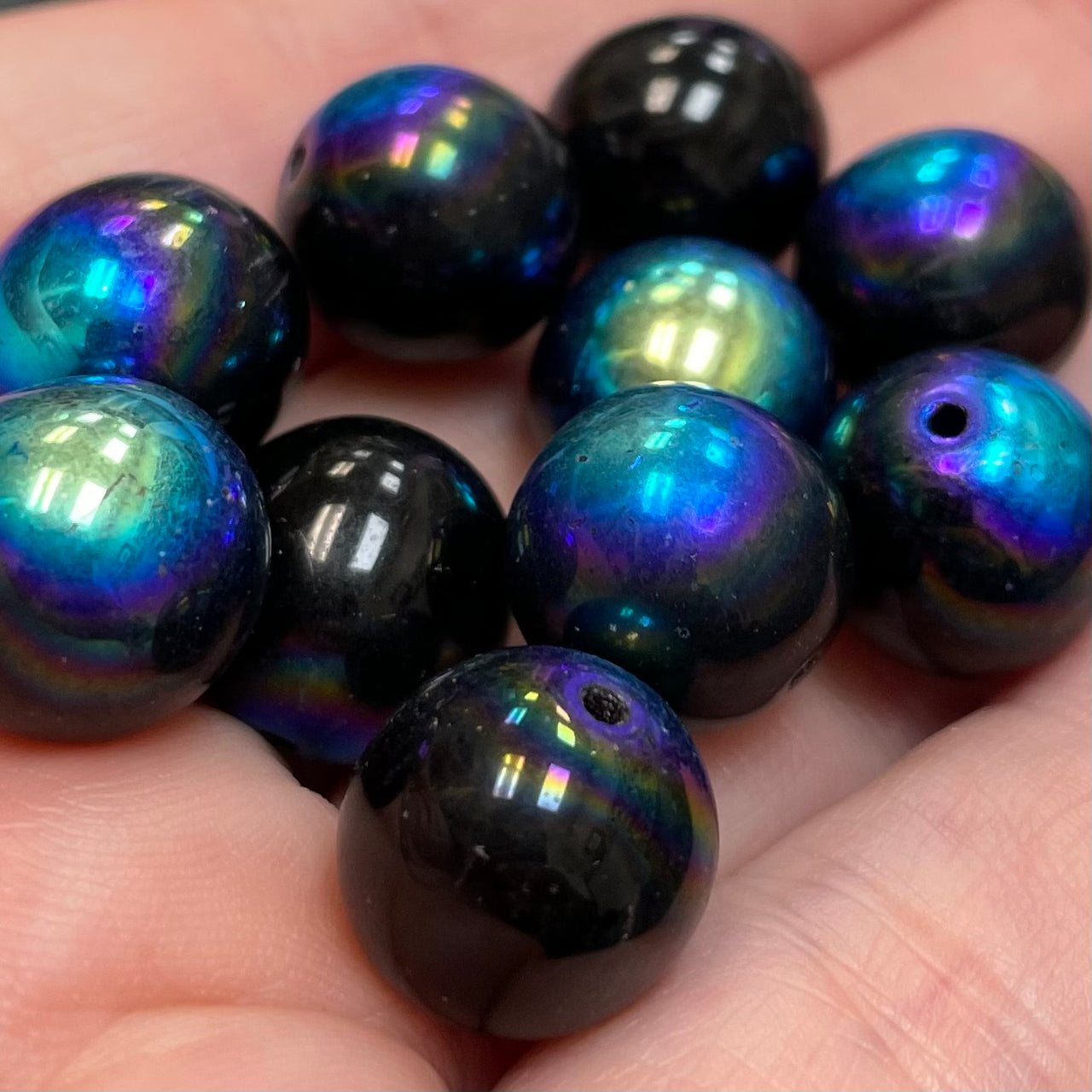 10 Vintage Black AB Czech Round Glass Beeads