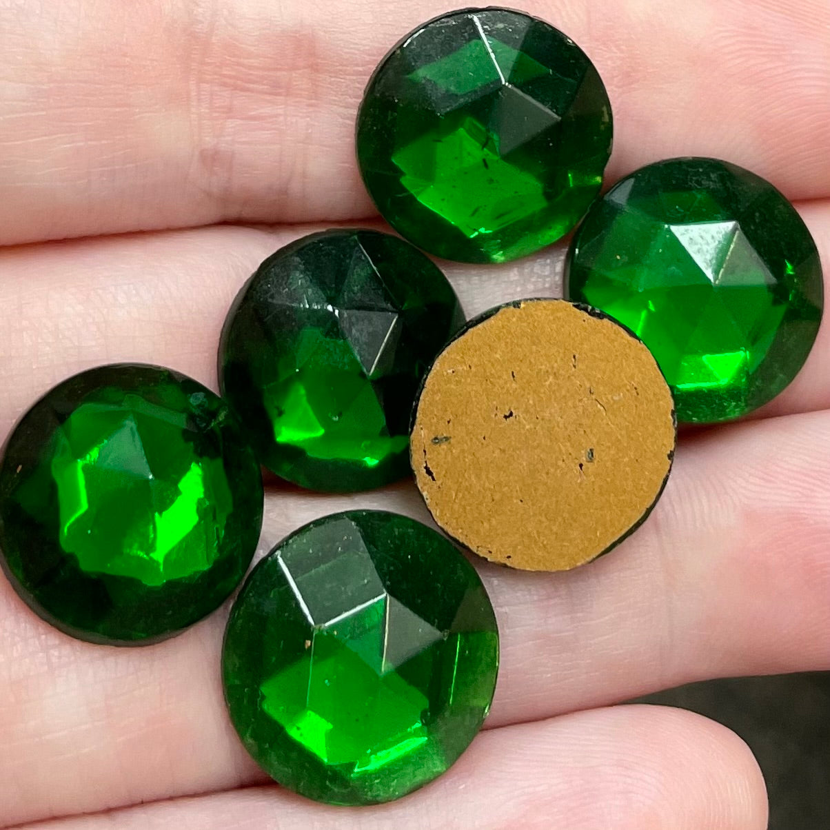 6 Vintage Green German Round Glass Cabochons #345