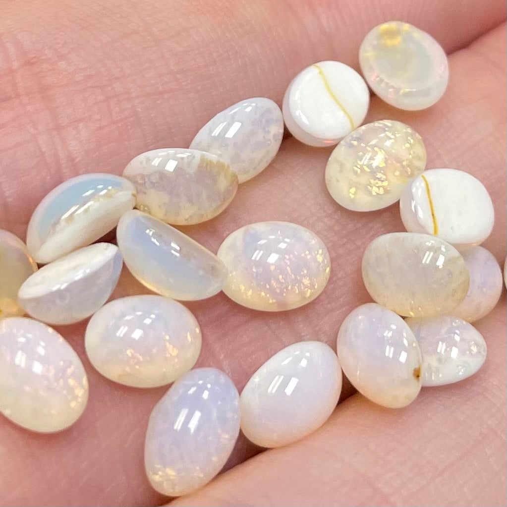 20 Vintage Creamy White Fire Opal Oval Glass Cabochons